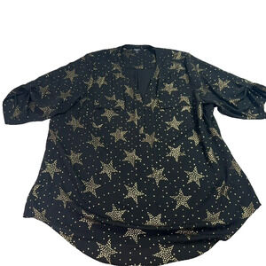 Torrid Tunic Blouse Size 4 Black Metallic Gold Star Georgette Harper Semi Sheer